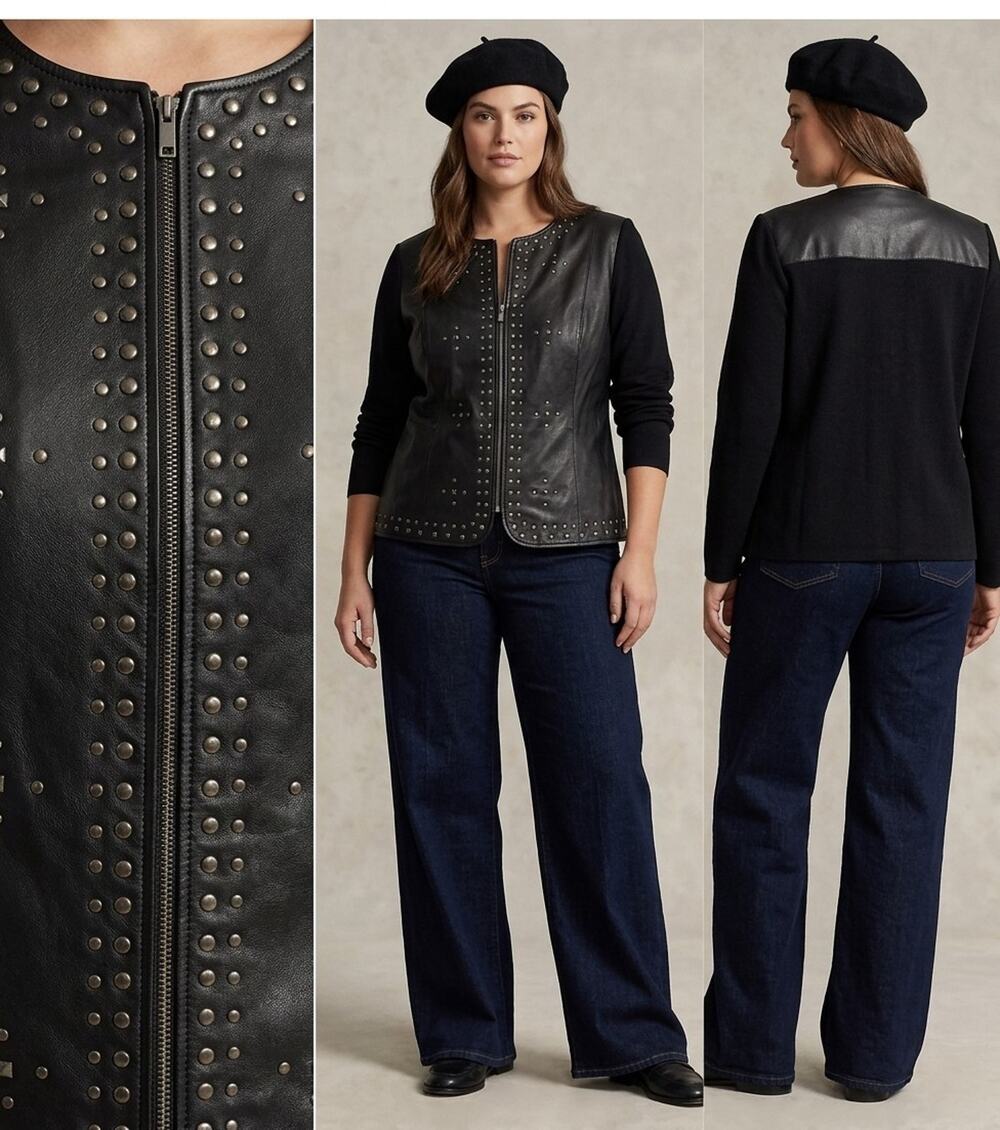 Black Leather Studded Biker Mixed Media Knit Cardigan Jacket Punk Moto Chic L